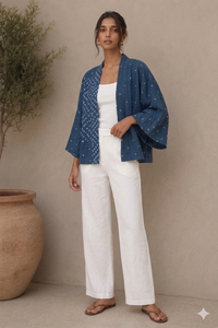 <b>Blue</b> Bandhani Print Quick Dry Full Sleeve Short <b>Shrug</b> for Spring Summer Winter - Product Image 4