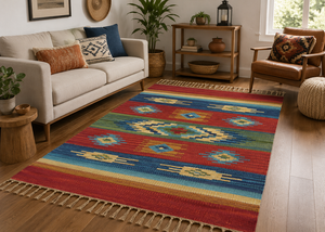 Tapis d'intérieur en coton tissé à la main, style bohème, coloré, géométrique, kilim, décoratif, pour salon, chambre, avec pompons - Product Image 2