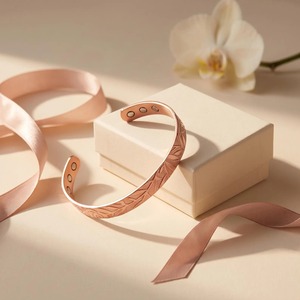 Juego de imanes de cobre puro con grabado de hoja vintage, brazalete de cobre rosa, joyería de terapia magnética para hombres y mujeres - Product Image 6