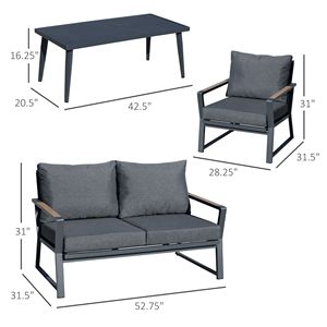 Set di mobili da giardino in alluminio grigio scuro 4 pezzi divano da giardino esterno con cuscini per tavolino da caffè al centro inclusi - Product Image 5