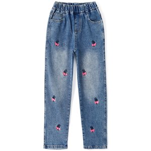 Girls Floral Embroidered Relaxed Fit Denim <b>Jeans</b> <b>Elastic</b> <b>Waist</b> Kids Casual Straight Leg Pants OEM ODM Wholesale Apparels - Product Image 6