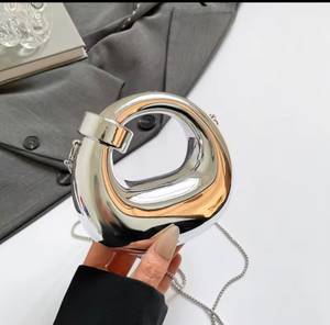 Metallic <b>Silver</b> PU Mini Round Crossbody <b>Bag</b> with Chain Strap 1kg Capacity Portable Accessory for Wedding Fashion All Seasons - Product Image 1