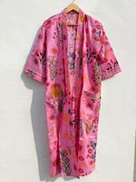 Robe Kimono en Coton Rose à Motifs Floraux pour Femme – Peignoir Léger d'Été, Robe de Spa, Robe de Demoiselle d'Honneur, Logo Personnalisé en Gros