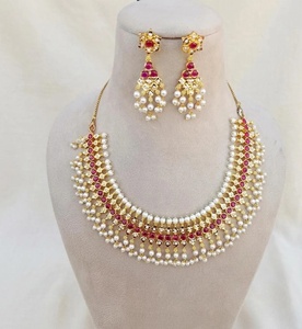 <b>Ruby</b> Pink Pearl Gold Plated Brass Vintage <b>Necklace</b> Set South Indian Bridal Jewelry Traditional Indian Wedding - Product Image 2