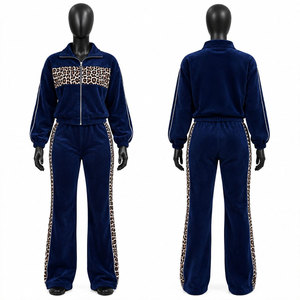 Ensemble de survêtement pour femme bleu marine à imprimé léopard, manches longues, fermeture éclair sur le devant, coupe décontractée, tenue d'automne, sweat-shirt et pantalon - Product Image 1