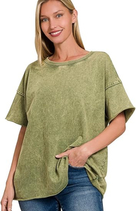 Women's O-neck T-shirts Acid Washed <b>Top</b> Comfortable Casual Short Sleeved Shirt Customized Printed Plain Color Women's T-shirts - Product Image 4