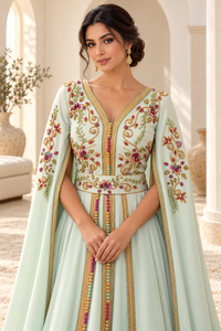 Caftan algérien long en velours prune Mishkat Couture avec manches cape fluides et ceinture brodée pour femme, idéal pour les fêtes d'hiver - Product Image 6