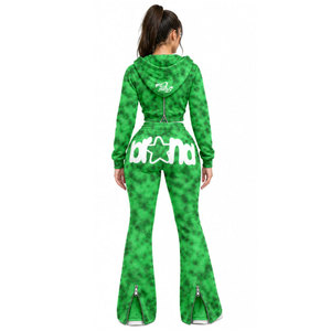 Chándal verde con capucha para mujer, cremallera completa, dobladillo dividido, ropa deportiva informal con estampado de letras y bolsillos laterales - Product Image 4