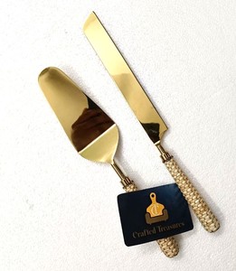 2026 Cake Server Set Gold Plated Metal With Rattan Woven Handle 2 Pieces Handmade Cake Knife And Spatula From <b>Crafted</b> Treasures - Product Image 1