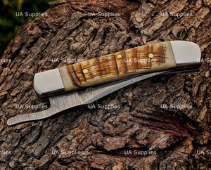 UA Supplies Custom Hand Forged Stainless Steel Folding Knife Ram Horn Handle Hunting Industrial Grade Liner <b>Lock</b> Pocket OEM - Product Image 6