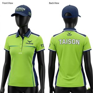 Maillot de golf pour femmes, qualité supérieure, 180 GSM, polyester et élasthanne, respirant, vert lime, design à panneaux bleu marine, broderie personnalisée, impression de logo - Product Image 1