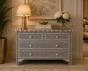 Nouvelle conception de décoration intérieure, élégante commode à 5 tiroirs en os incrusté, fabriquée à la main, personnalisable, moderne, luxueuse, écologique, unité de rangement - Product Image 2