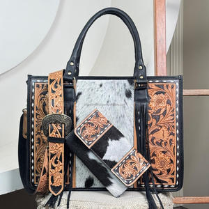 Mode dames haute qualité 2 pièces Combo ensemble en cuir repoussé à la main fourre-tout sac à main et pochette en cuir de vachette repoussé à la main pour femmes - Product Image 6