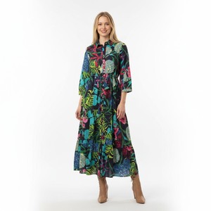 Robe longue décontractée bohème en coton 100% à motif floral abstrait, manches évasées, taille naturelle, ourlet plissé, boutonnée sur le devant, col mandarin - Product Image 1
