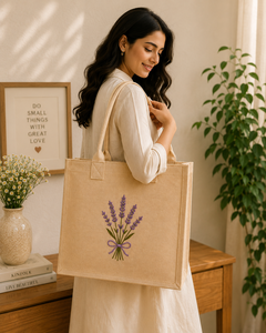 Jute Tote <b>Bag</b> with Lavender Embroidery <b>Medium</b> <b>Size</b> Reusable Beach Shopping Daily Use Handheld Handle - Product Image 4