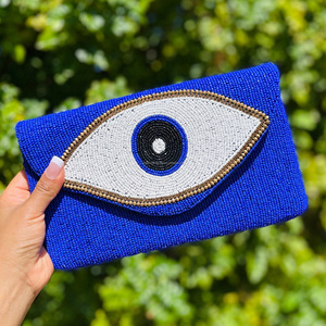 Blue Eye Beaded Boho Style Clutch <b>Bag</b> Handmade Durable Purse with Gold Chain Protection Charm Party or Wedding <b>Gift</b> - Product Image 2