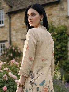 Women's Bohemian Floral Embroidered Kurta Palazzo <b>Set</b> Three Quarter Sleeve V-neck Loose Fit Cotton Spring Summer Wear - Product Image 3