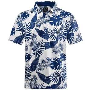 Polo à manches courtes pour homme, blanc et bleu, imprimé palmiers, décontracté, en coton Oxford respirant, coupe classique - Product Image 3