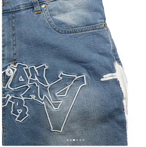Mens Blue Solid 100% Cotton Eco-Friendly Training Canvas <b>Jean</b> Shorts Embroidered Baggy High Waist - Product Image 4