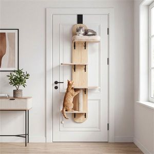 Arbre à chat suspendu beige à 5 niveaux, griffoir à 4 étages avec hauteur réglable, sans perçage requis pour une utilisation pratique en appartement - Product Image 5
