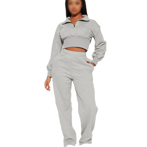 Women's Gray Half Zip <b>Crop</b> <b>Top</b> Tracksuit Set Regular Sleeve Knitted Sweatpants Casual Autumn Wear Women's Hoodies - Product Image 2