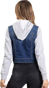 Veste en jean bleue courte pour femme avec manches longues, poches avant, en coton tricoté respirant - Product Image 3
