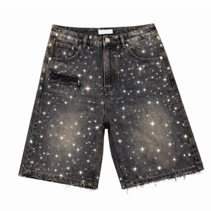 Short en jean Y2K personnalisé pour homme, style streetwear estival, délavé à l'acide, orné de strass en cristal, respirant - Product Image 1