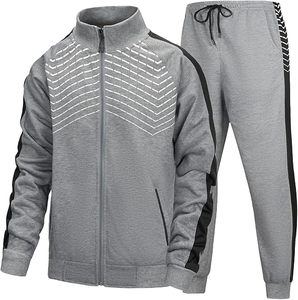 Ensemble de survêtement sportif gris pour homme, sweat à capuche zippé et pantalon de jogging, imprimé géométrique, respirant, en polyester, pour l'automne - Product Image 1