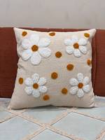 Housse de coussin décorative carrée en coton brodée avec des fleurs de marguerite et des pois moutarde