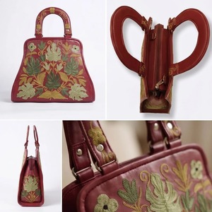 Bolso de mano con bordado Crewel de Cachemira — Cuero color burdeos con ramo de hojas tropicales - Product Image 5