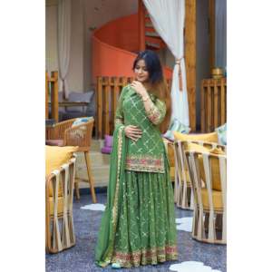 Conjunto de Traje de Fiesta para Mujer de Diseñador, Top con Sharara Plazzo y Dupatta - Product Image 4