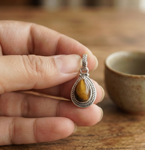 925 Sterling Silver Children's Pear Brown Tiger's Eye Gemstone Pendant Handmade Rope Frame Bezel Charm Rose & Gold Plated Gift - Product Image 6