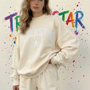 Women's Oversized Graphic Sweatshirt TRACKSTAR Embroidered Star Print <b>Stand</b> Relaxed Fit <b>Drop</b> Shoulder Long Sleeve Breathable - Product Image 1
