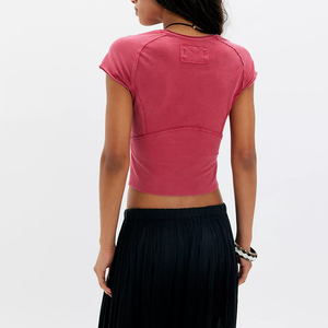 Modern Women's Pink Cap Sleeve Crop Top O-Neck Slim Fit Exposed Seam Knitted Solid Color Casual <b>Spring</b> Summer Breathable Women T - Product Image 2