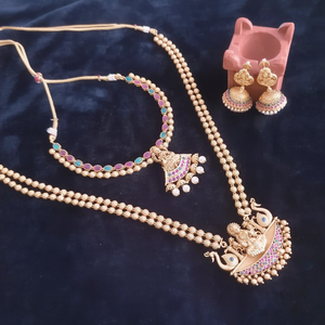 Antique Gold Plated Bridal Temple Style Choker and Haram Set with Water Drop Earrings - Product Image 2
