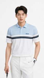 Polo de manga corta con bloques de color para hombre, camiseta de golf a rayas azul y blanco - Product Image 1