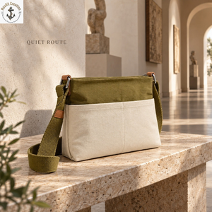 Two Tone Canvas Sling Bag with Front Pockets and Woven <b>Strap</b> | Olive Green <b>Crossbody</b> Shoulder Bag for Travel and Everyday Carry - Product Image 4