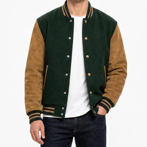 Veste universitaire pour homme de qualité supérieure, vert foncé, manches marron clair, bordure côtelée rayée, veste unie, couleur contrastée, veste décontractée - Product Image 1