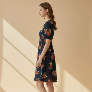 Vestido Midi para Mujer, Estampado Floral, con Tirantes Finos, Casual, Transpirable, Cintura Natural, Azul, con Botones, 100% Algodón, Corte en A, Ajuste Moderno - Product Image 1