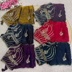 Sari de style Bollywood haut de gamme et élégant avec broderies Khatli et perles, chemisier cousu, prix de gros par Royal Export - Product Image 4