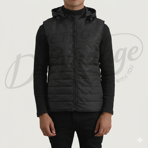 Gilet matelassé noir à capuche pour homme – Chaud, imperméable et sans manches pour l'hiver - Product Image 1