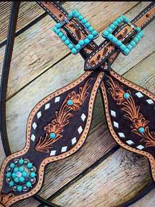 2026 High Quality <b>Leather</b> Turquoise Zebra Print Western Saddle Tack Set Hand <b>Tooled</b> Studs Conchos Breast Collar Reins for Horse - Product Image 2