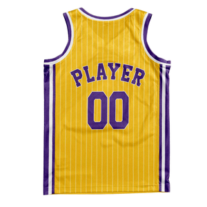 Ensemble uniforme de basketball rétro personnalisé jaune à rayures fines, maillot et short avec bordure de col blanc et violet, design d'équipe rétro - Product Image 4