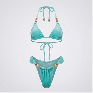 Ensemble de bikini turquoise pour femme NORTH APPROACH, haut halter, bas string, orné de perles, maillot de bain extensible - Product Image 1
