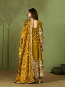 YELLOW Silk Anarkali <b>Suit</b> With Embroidered Dupatta Traditional Indian <b>Wedding</b> <b>Dress</b> <b>Women</b> Floor-Length Loose Fit - Product Image 4