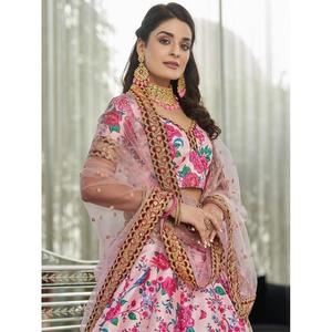 Lehenga Choli semi-cousu en soie artificielle à imprimé floral rose clair pour mariage par Zeel Clothing - Product Image 4