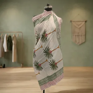 White Palm Tree Hand Block Printed Cotton <b>Sarong</b> Scarf with Green Pink Border Lightweight Beach Wrap Stole for Women - Product Image 4