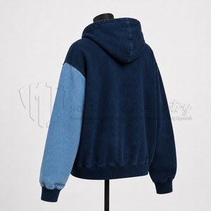 เสื้อแจ็คเก็ตฮู้ดซิปยีนส์สีตัดต่อแบบขายส่งตามสั่ง ผู้ผลิตเสื้อผ้าสตรีทแวร์แบบ OEM ODM - Product Image 5