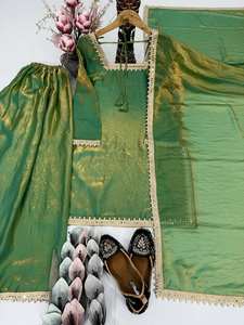 Ensemble Kurti en soie Fandy lourde avec broderie et travail manuel, palazzo entièrement cousu et dupatta à bordure en dentelle fantaisie - Product Image 6