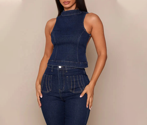 Débardeur court en jean sans manches pour femme, couleur unie, col montant, ajusté, style décontracté printemps, délavé, dos nu - Product Image 1